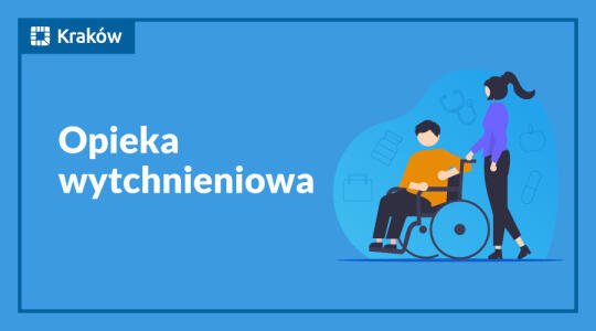 grafika opieka wytchnieniowa z mężczyzną na wózku inwalidzkim i stojącym za nim opiekunem (kobietą)