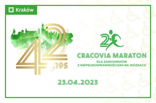 Grafika przedstawia zaproszenie dla osób z niepełnosprawnościami do udziału w 20 krakowia maraton który odbędzie sie 23 kwietnia 2023 roku