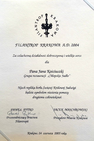 Dyplom dla Jana Kościuszki, współwłaściciela Grupy Restauracji "Chłopskie Jadło".