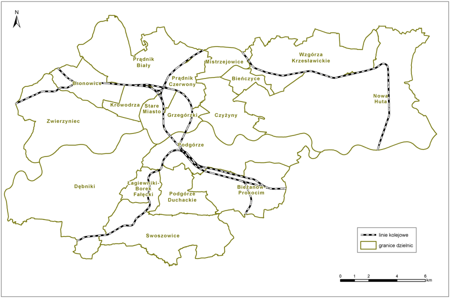  Lokalizacja linii kolejowych, dla których opracowano mapy akustyczne na terenie Miasta Krakowa
