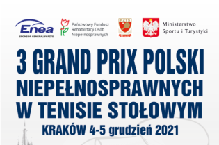 Plakat informacyjny dotyczący trzeciego grand prix polski osób z niepełnosprawnościami w tenisie stołowym